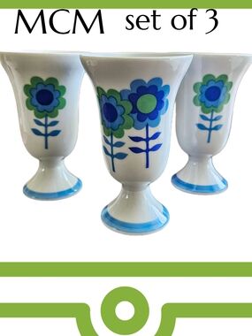 MCM "Flower Power" White Ceramic Vases with Blue & Green Daisey Motif - Set of 3